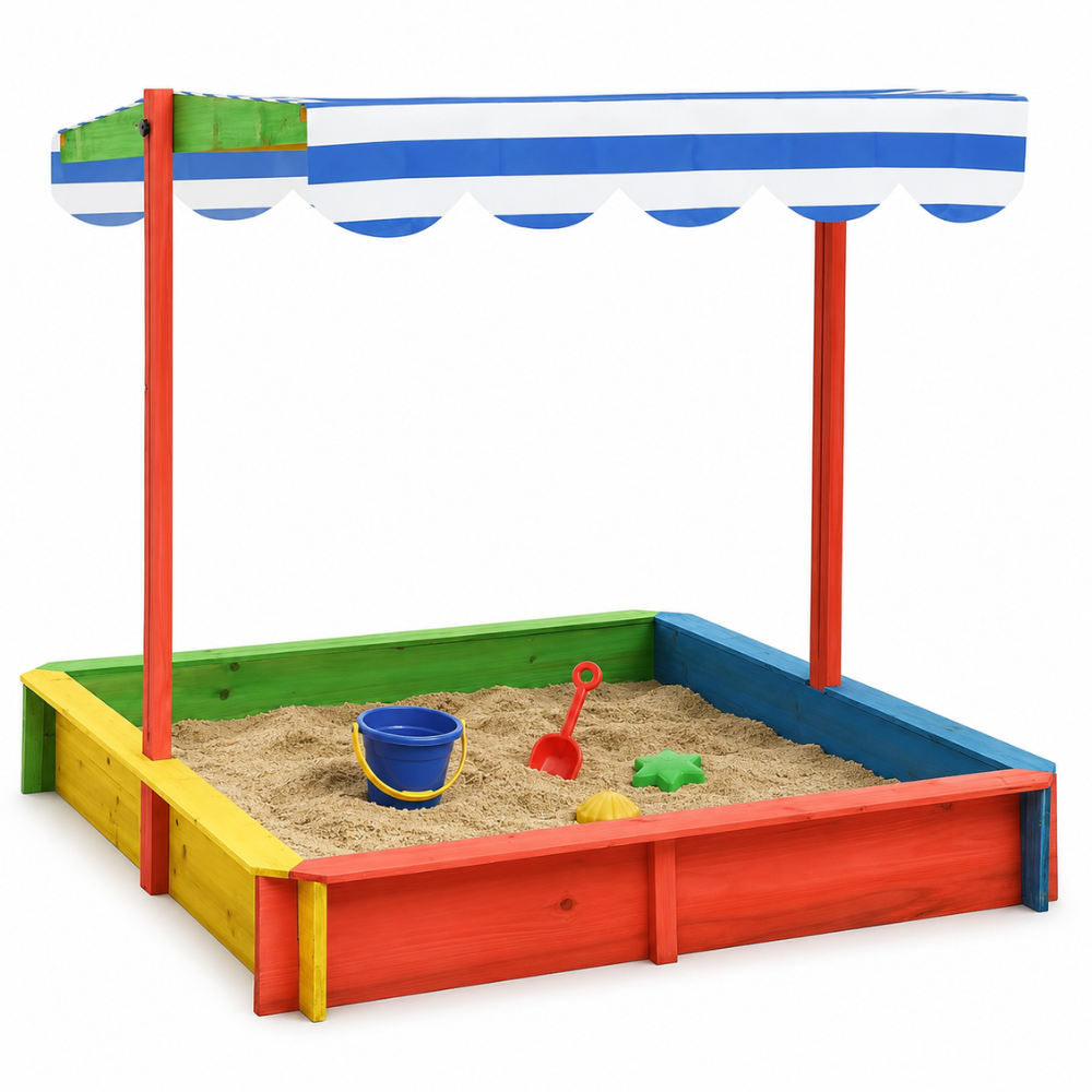 Bac à sable en bois pour enfants avec toit réglable en hauteur – Multicolore