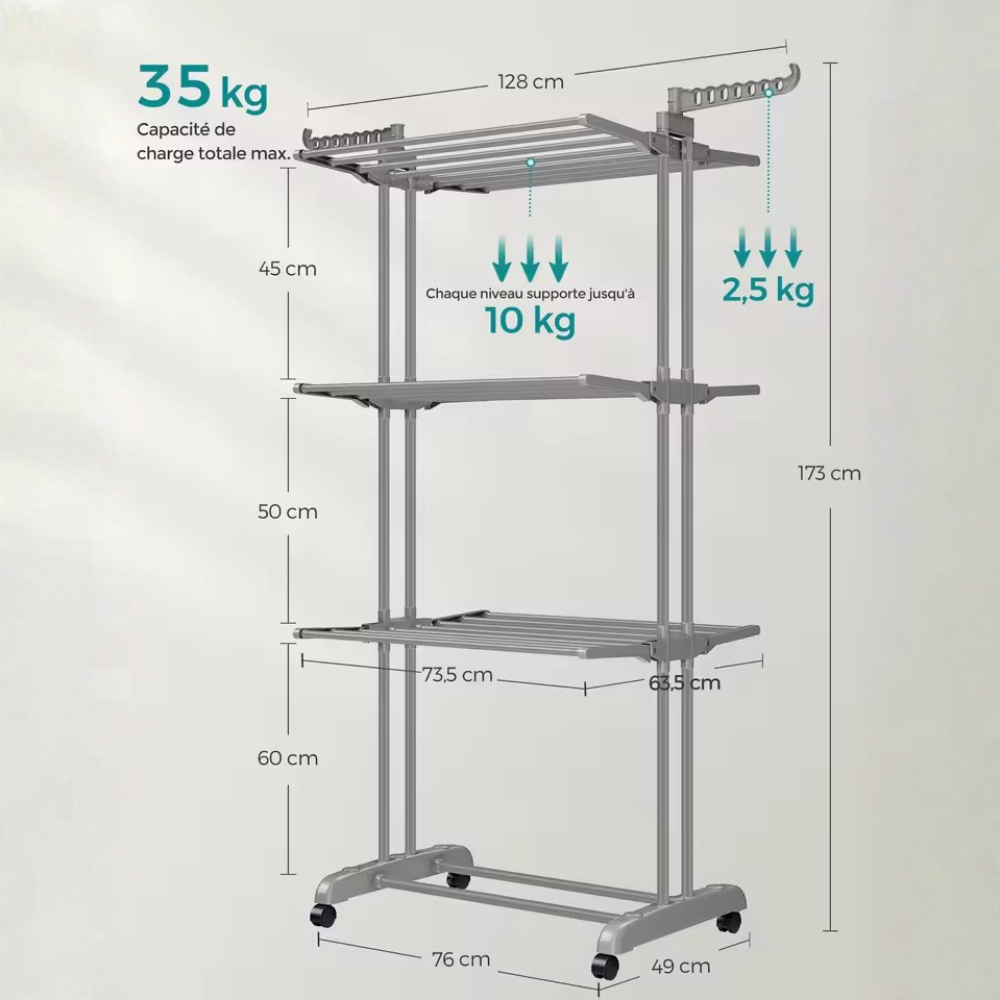 Étendoir à linge pliable vertical à 3 niveaux avec roulettes – Grande capacité