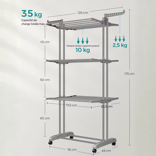 Étendoir à linge pliable vertical à 3 niveaux avec roulettes – Grande capacité
