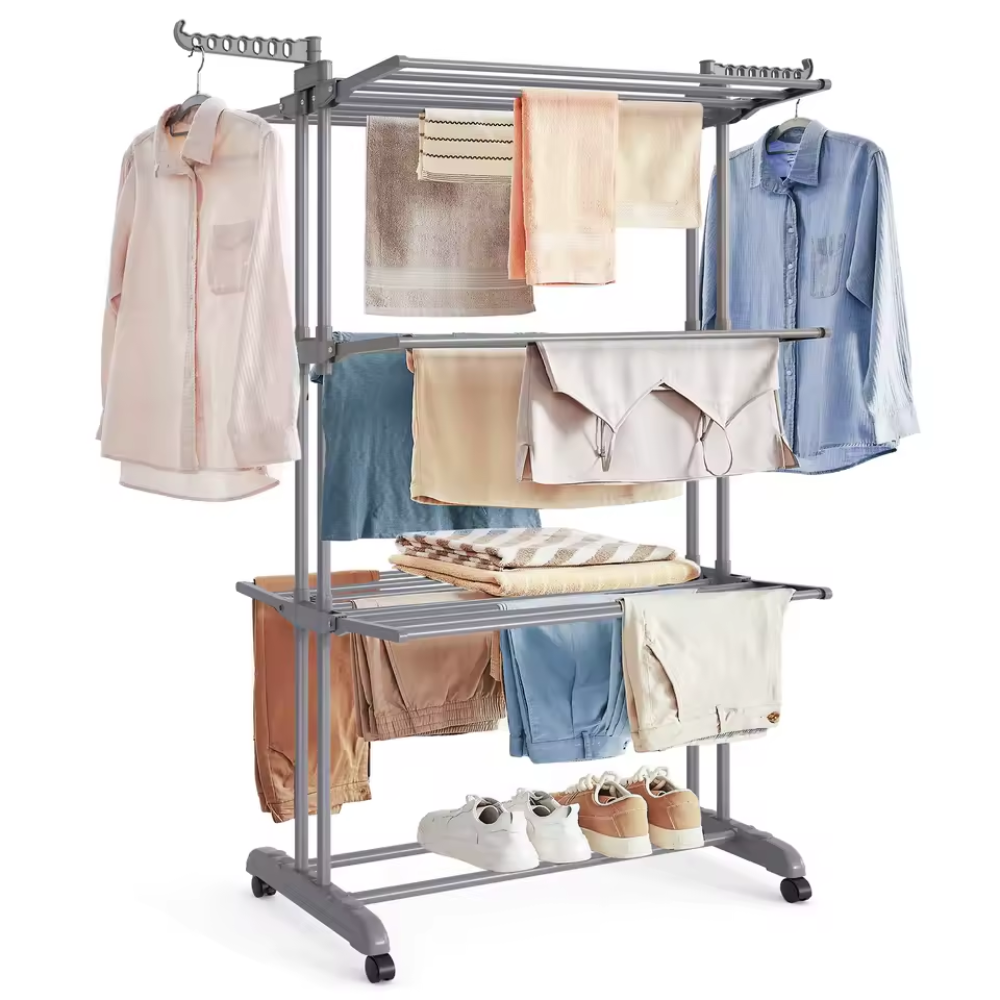 Étendoir à linge pliable vertical à 3 niveaux avec roulettes – Grande capacité