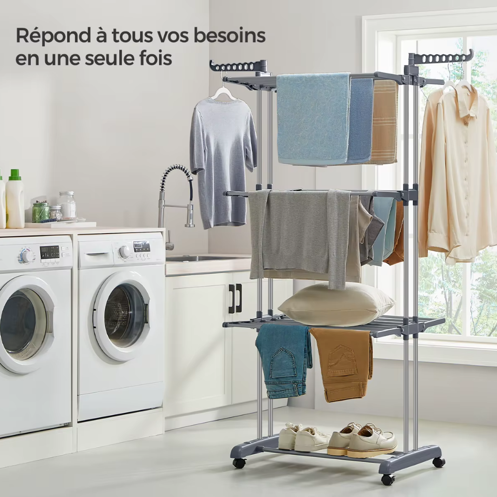 Étendoir à linge pliable vertical à 3 niveaux avec roulettes – Grande capacité