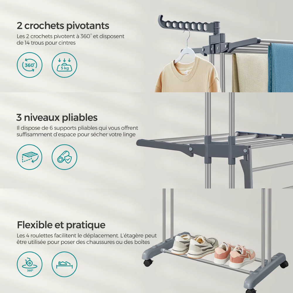 Étendoir à linge pliable vertical à 3 niveaux avec roulettes – Grande capacité