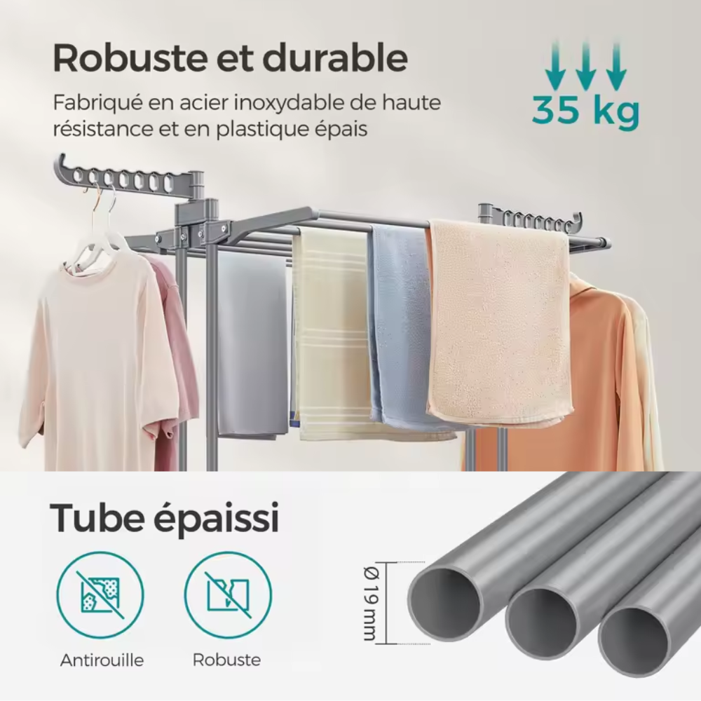 Étendoir à linge pliable vertical à 3 niveaux avec roulettes – Grande capacité